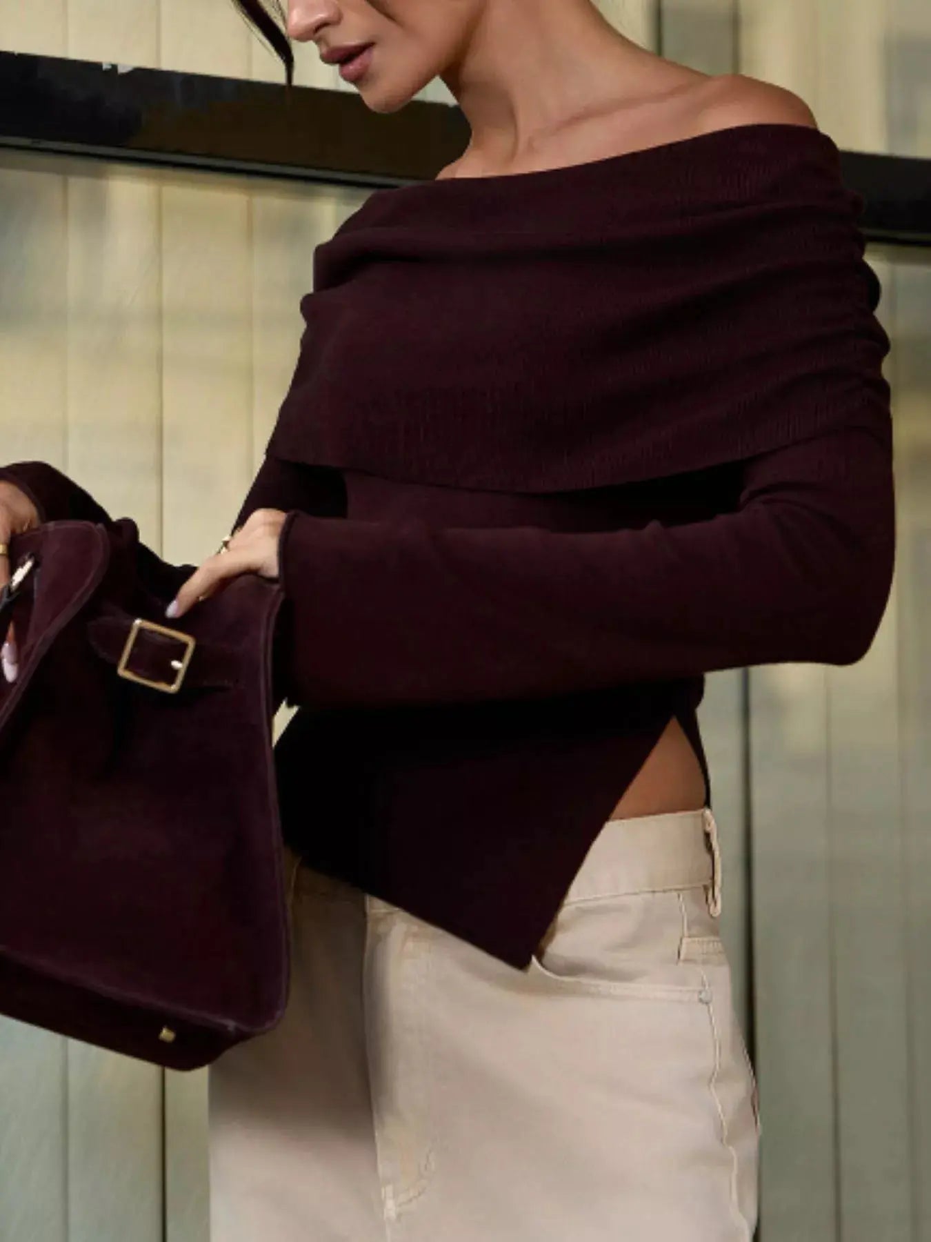 Asymmetrical Hem Off-Shoulder Long Sleeve Knit Top - Plush Fashion Hub