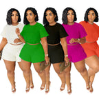 Plus size women's summer casual two-piece set featuring trendy shorts and top, stylish and comfortable for warm weather.