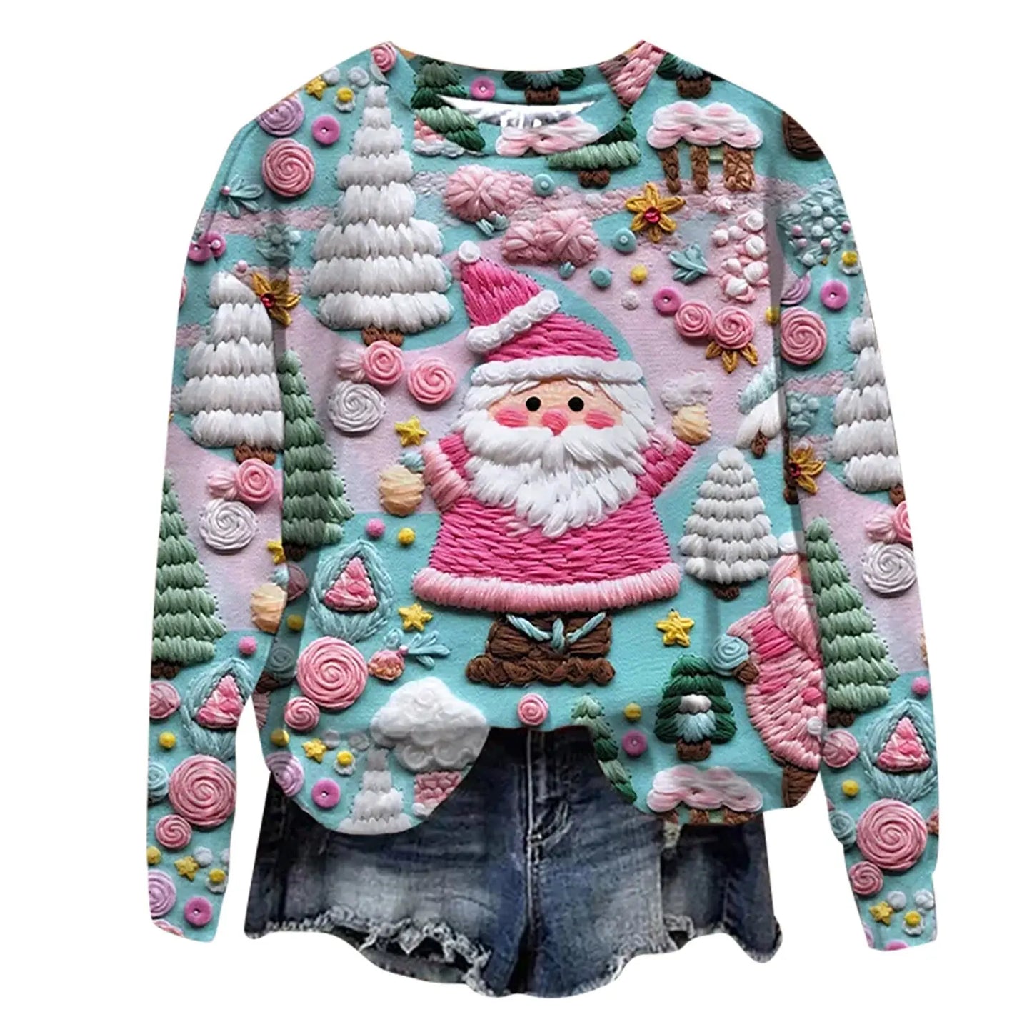 Autumn And Winter 3D Digital Printing Christmas Round Neck Top - Plush Fashion Hub