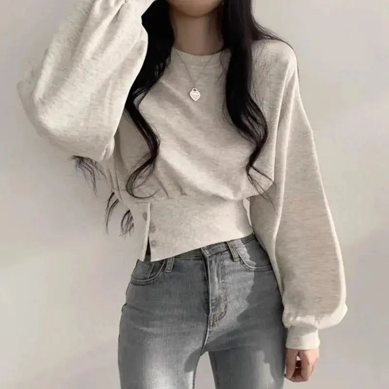 Autumn Crew Neck Button Long Sleeve Short Pullover Sweatshirt Top For Women - Plush Fashion Hub