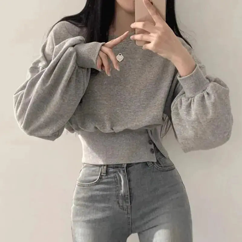 Autumn Crew Neck Button Long Sleeve Short Pullover Sweatshirt Top For Women - Plush Fashion Hub