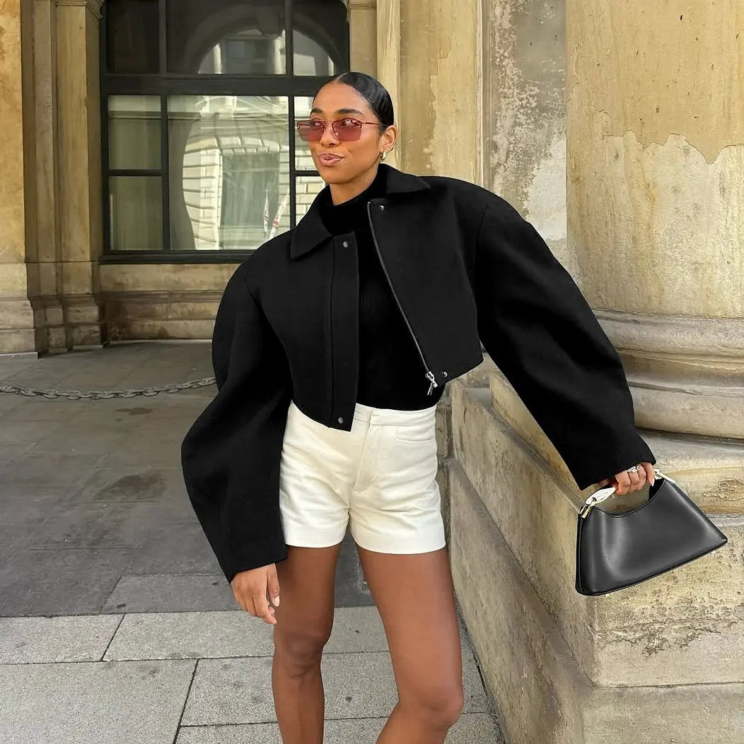 Autumn Trend Casual Machete Collared Zipper Short Woolen Coat Women Plush Fashion Hub