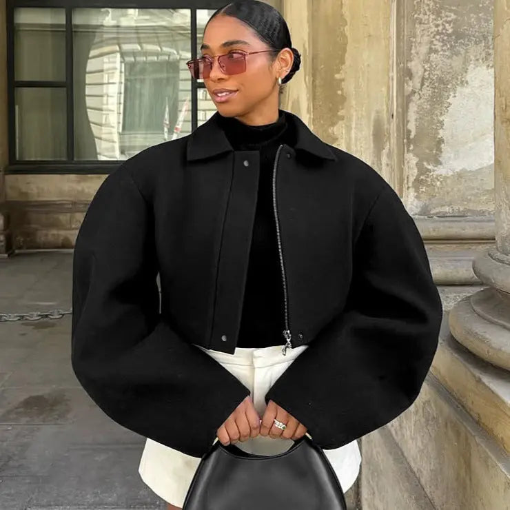 Autumn Trend Casual Machete Collared Zipper Short Woolen Coat Women Plush Fashion Hub