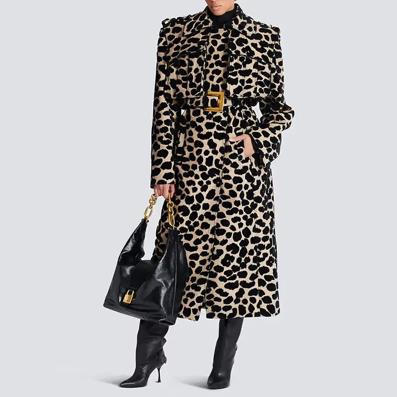 Autumn Winter Belt Leopard Jacquard Long Trench Coat Perfecsy