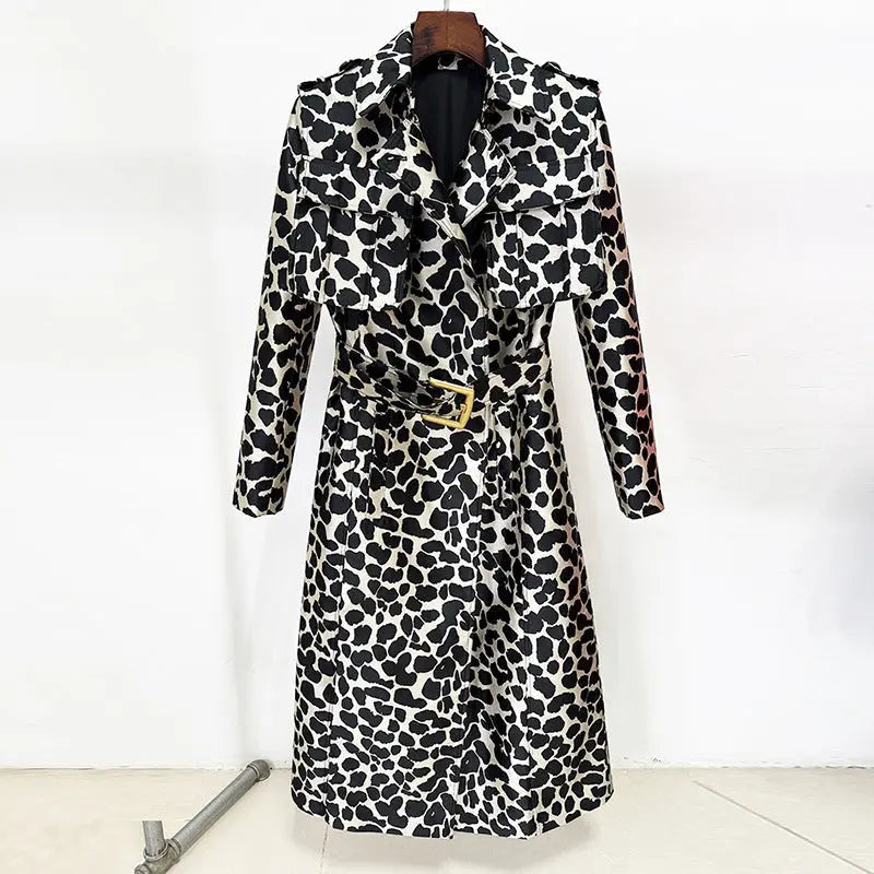 Autumn Winter Belt Leopard Jacquard Long Trench Coat Perfecsy