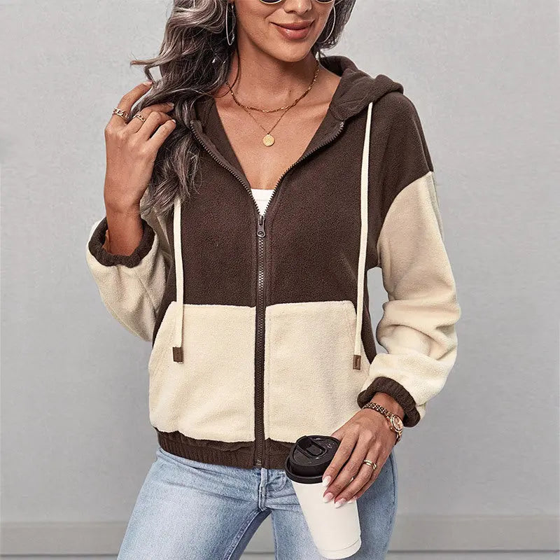 Autumn Winter Casual Zipper Cardigan Hooded Color Matching Polar Fleece Jacket Women Perfecsy