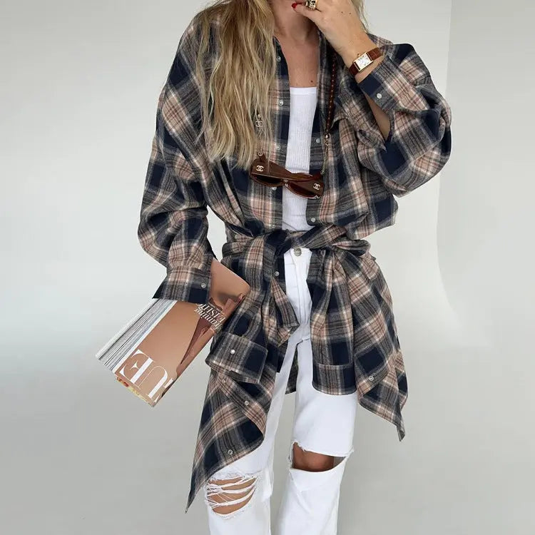 Autumn Winter Classic Retro Boyfriend Plaid Shacket Women All Match Loose Shirt Perfecsy
