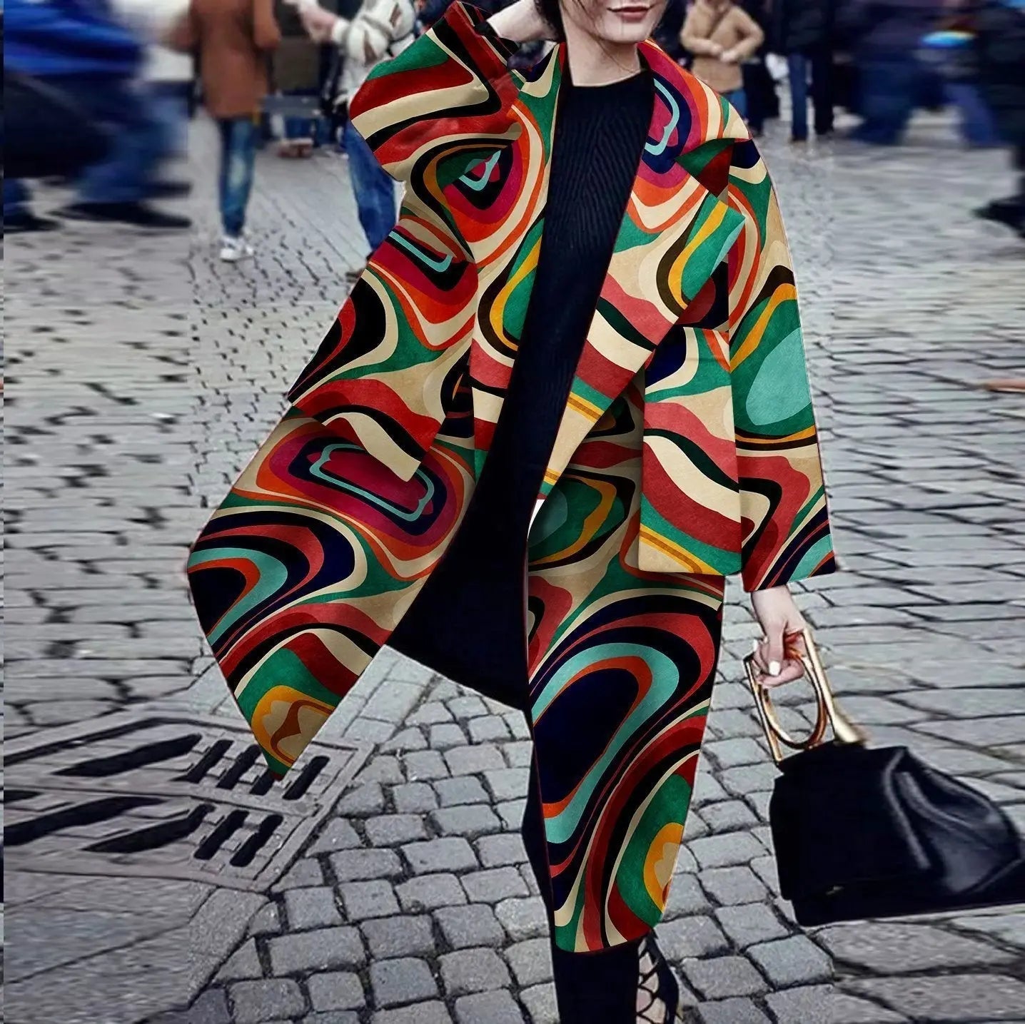 Autumn Winter Fashion Polo Collar Digital Printing Long Sleeve Pocket Coat Overcoat Plus Size Perfecsy
