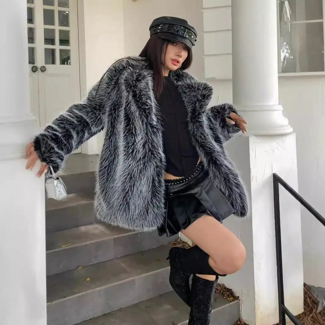 Autumn Winter Faux Fur Coat Women Collared Mid Length Fox Fur Loose Casual Thickening Plush Trendy Cool Perfecsy