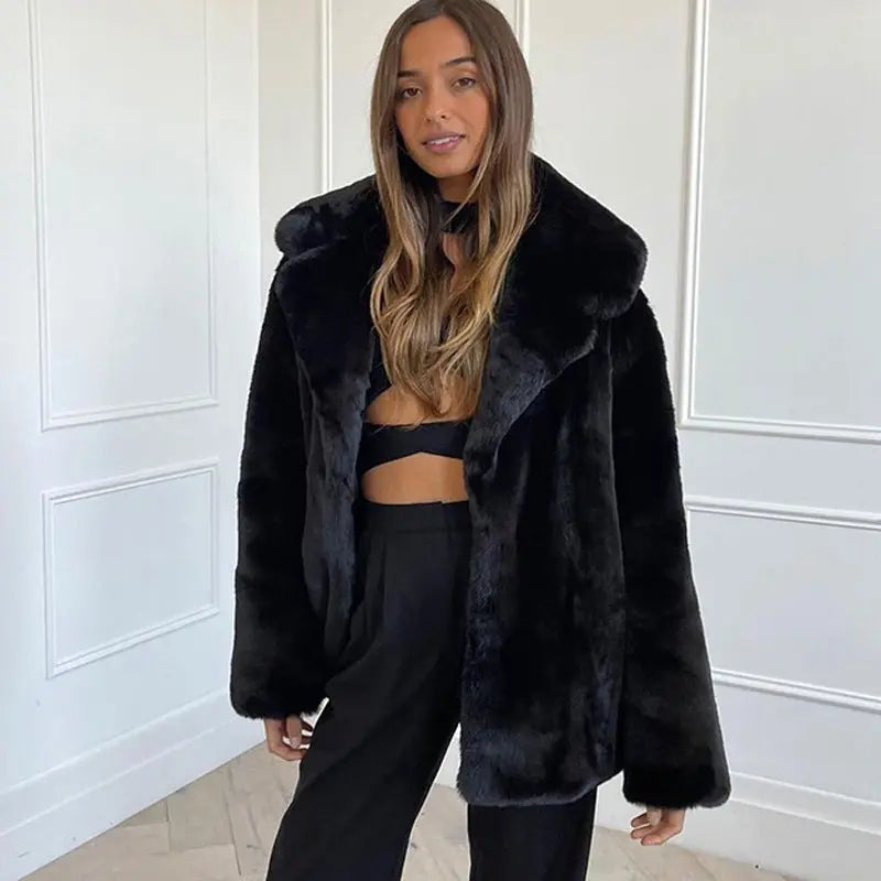 Autumn Winter Faux Fur Coat Women Mid Length Thickened Warm Rabbit Fur Leather Fur Coat Soft Fluffy Environmental Fur Perfecsy