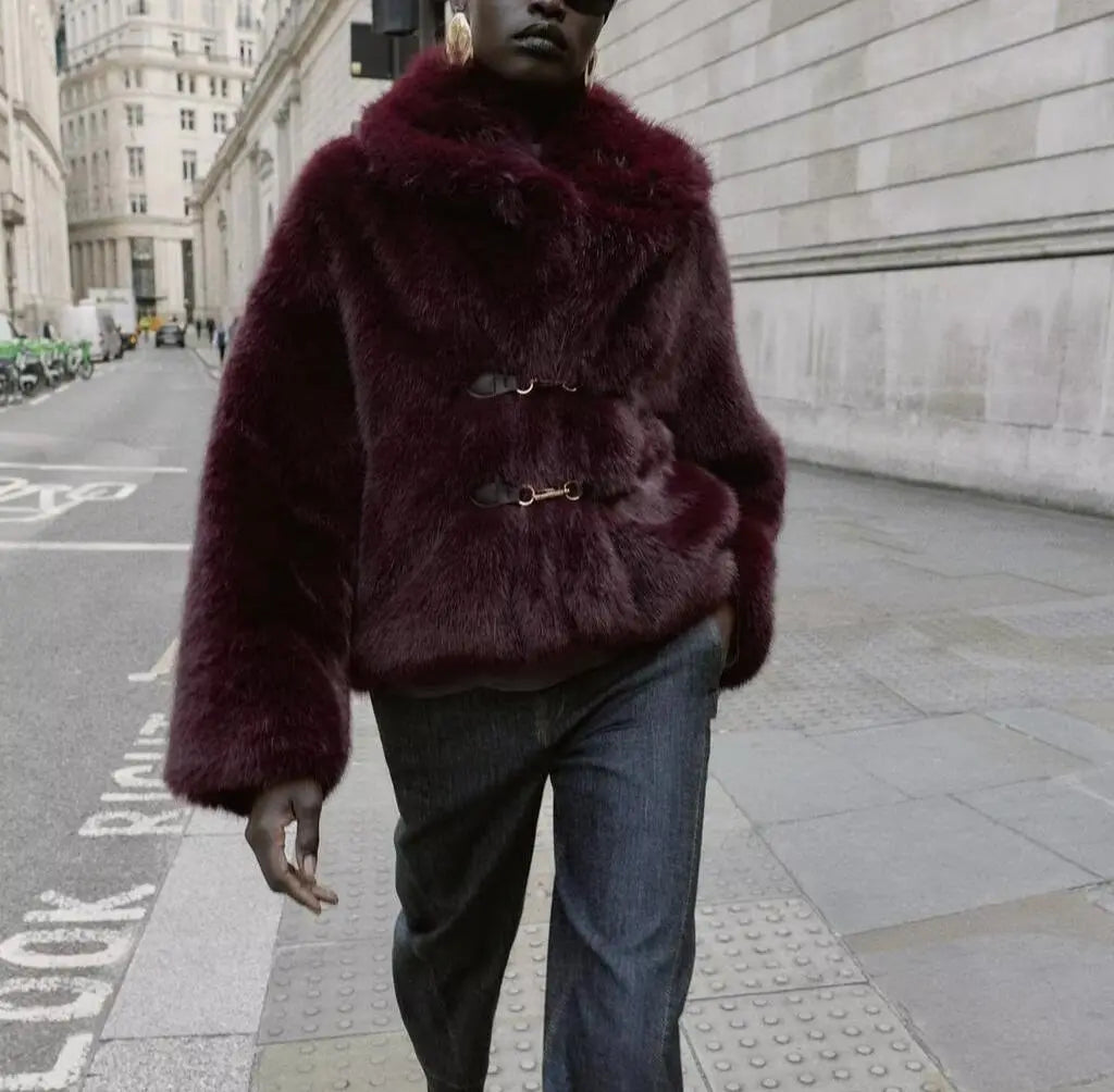 Autumn Winter High Grade Loose Artificial Fur Effect Long Sleeved Jacket Coat Perfecsy