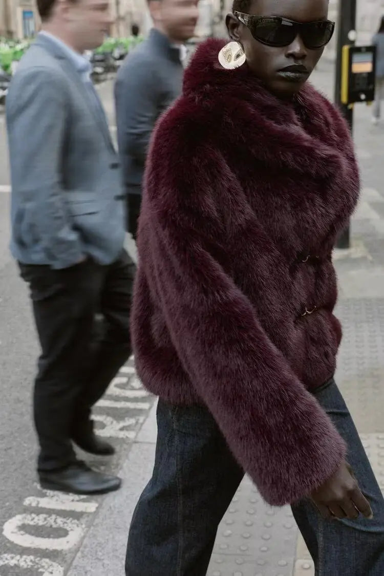 Autumn Winter High Grade Loose Artificial Fur Effect Long Sleeved Jacket Coat Perfecsy