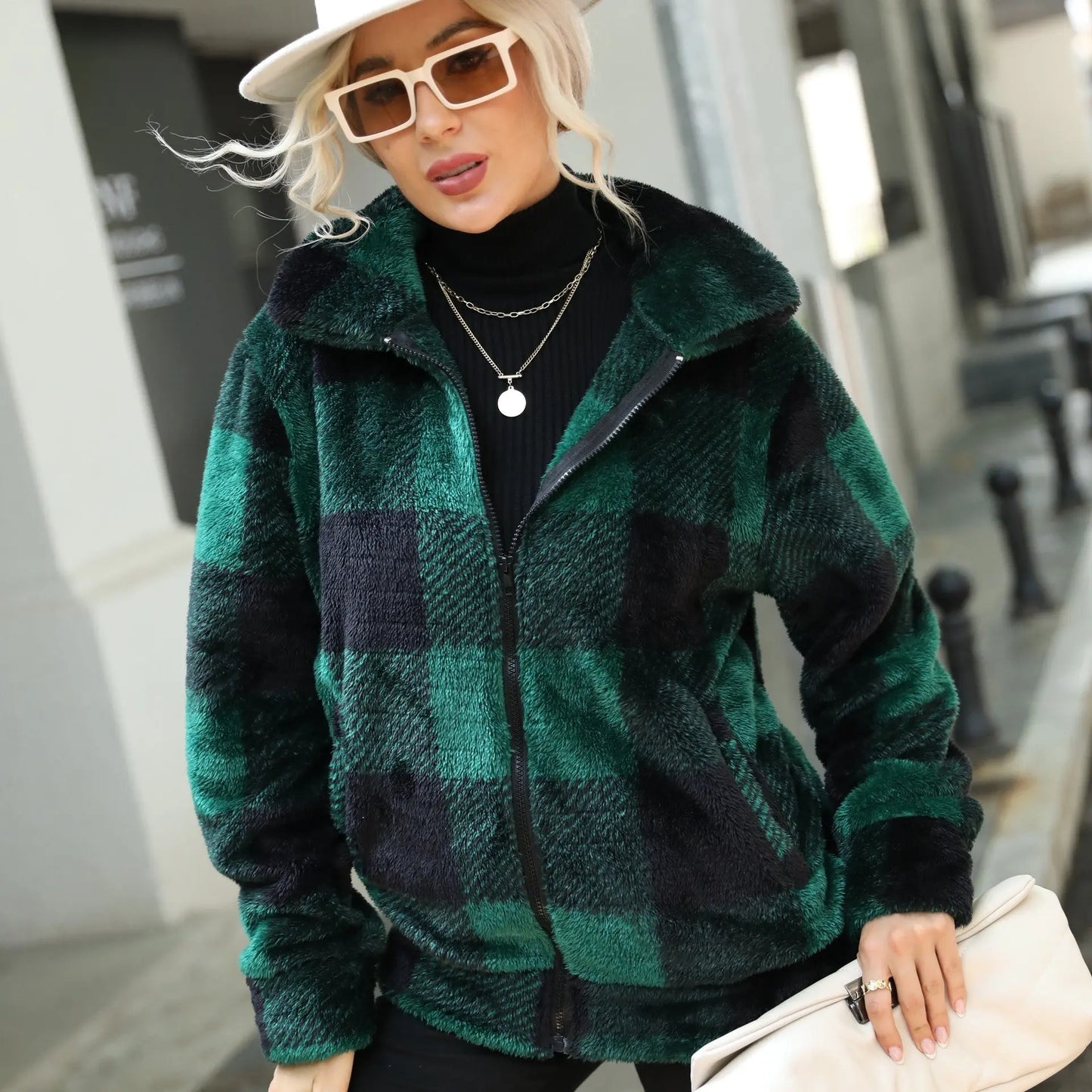 Autumn Winter Ladies Long Sleeves Stand Up Collar Plaid Regular Midi Plush Zippered Double Sided Suede Jacket Perfecsy