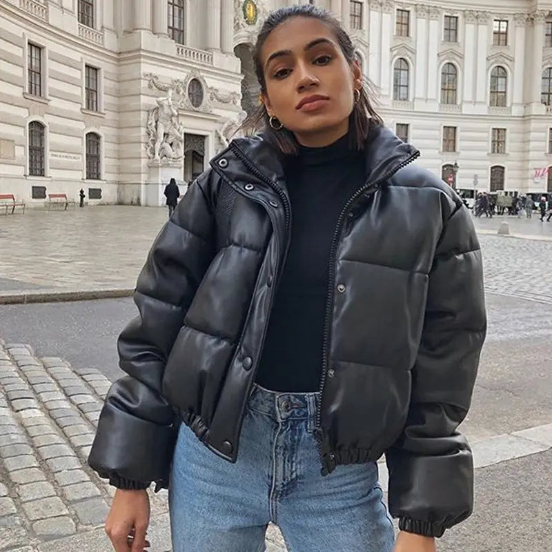 Autumn Winter Leather Coat Plus Size Women's Clothing Exposed Cropped Stand Collar Leather Cotton Jacket Perfecsy