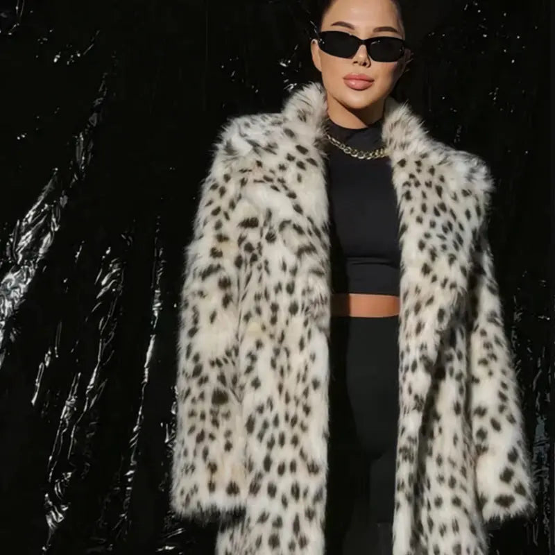 Autumn Winter Leopard Print Women Coat Mid Length Collar Faux Fur Leather Fur Coat Perfecsy