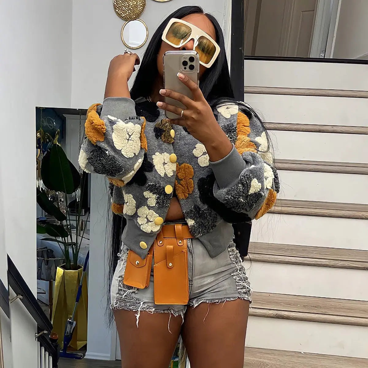 Autumn Winter Retro Three Dimensional Floral Loose Single Breasted Cardigan Short Coat Trend Women Clip 3D Rose Perfecsy