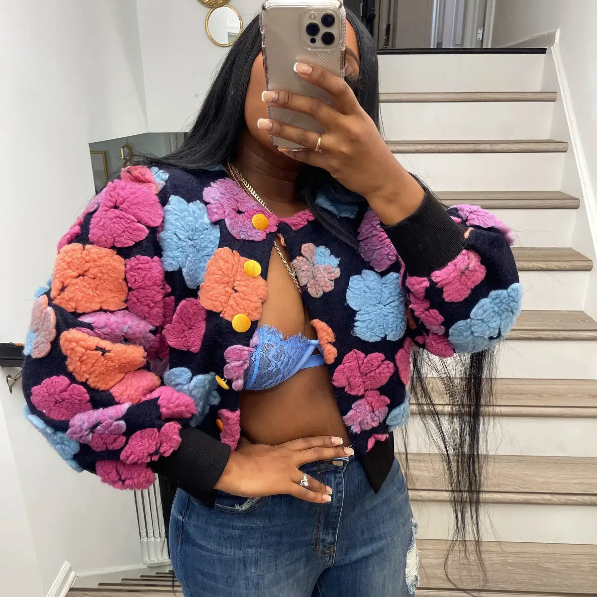 Autumn Winter Retro Three Dimensional Floral Loose Single Breasted Cardigan Short Coat Trend Women Clip 3D Rose Perfecsy