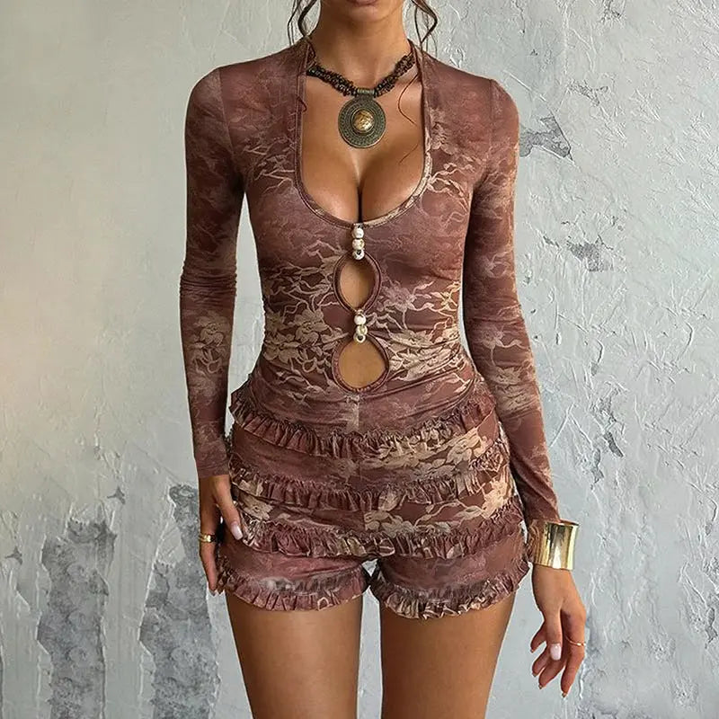 Autumn Winter Sexy Tight Deep V Plunge Long Sleeve Printing Romper Perfecsy