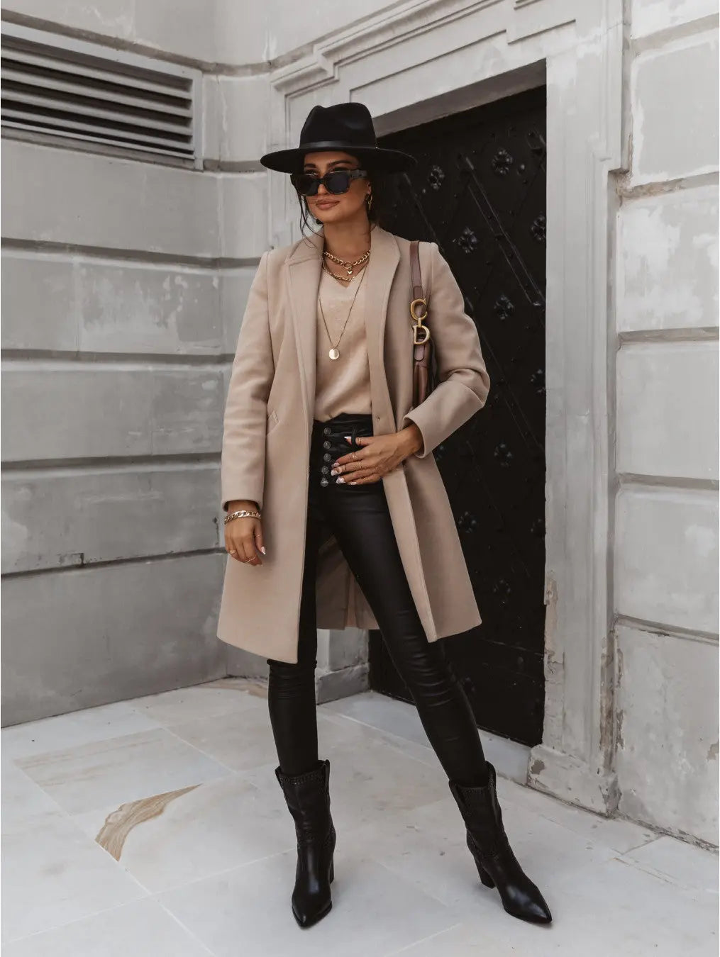 Autumn Winter Solid Color Collared Mid Length Button Woolen Coat Outerwear Women Perfecsy