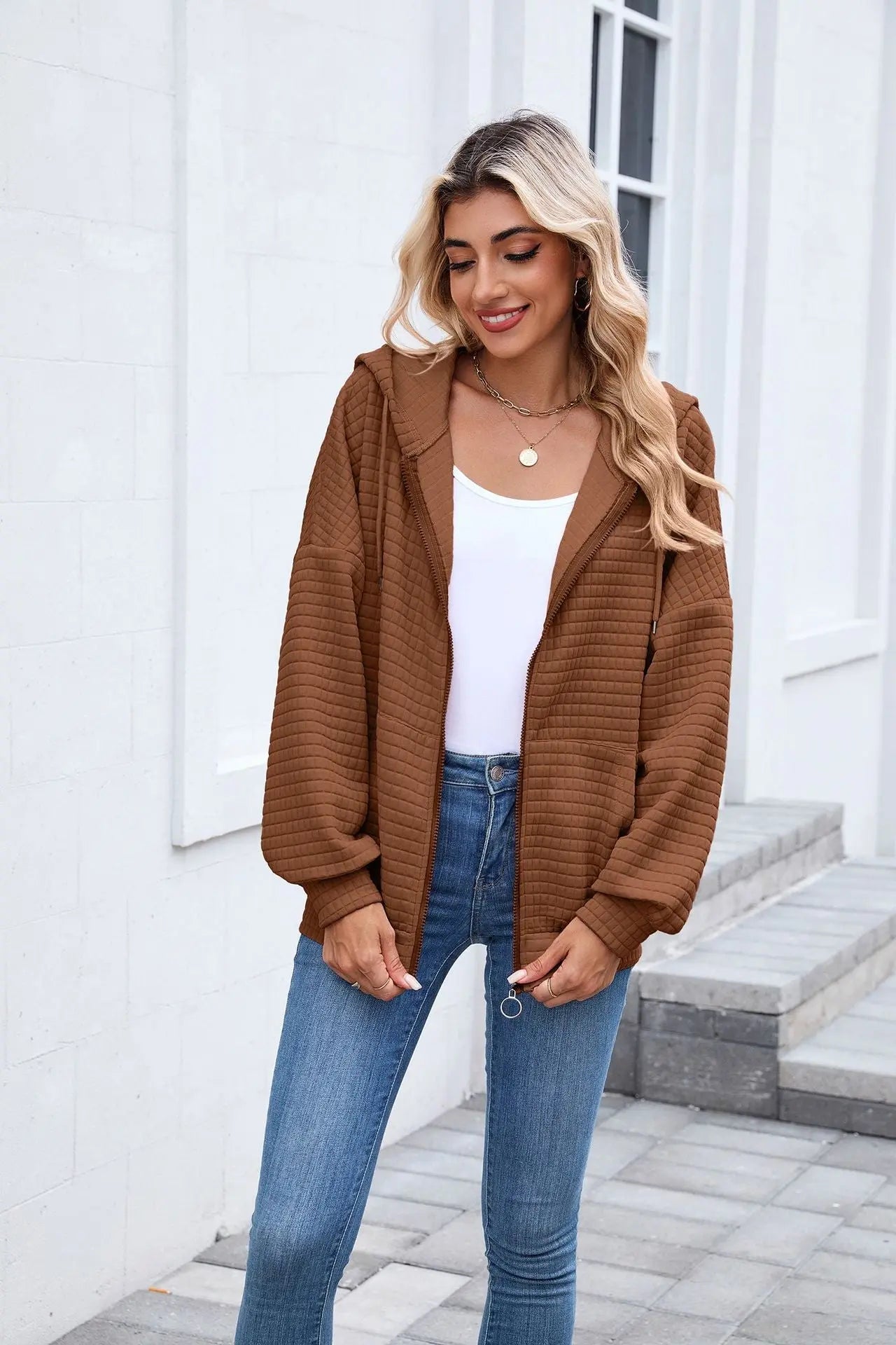 Autumn Winter Solid Color Long Sleeve Zipper Hooded Pocket Sweatshirt Coat Women Perfecsy