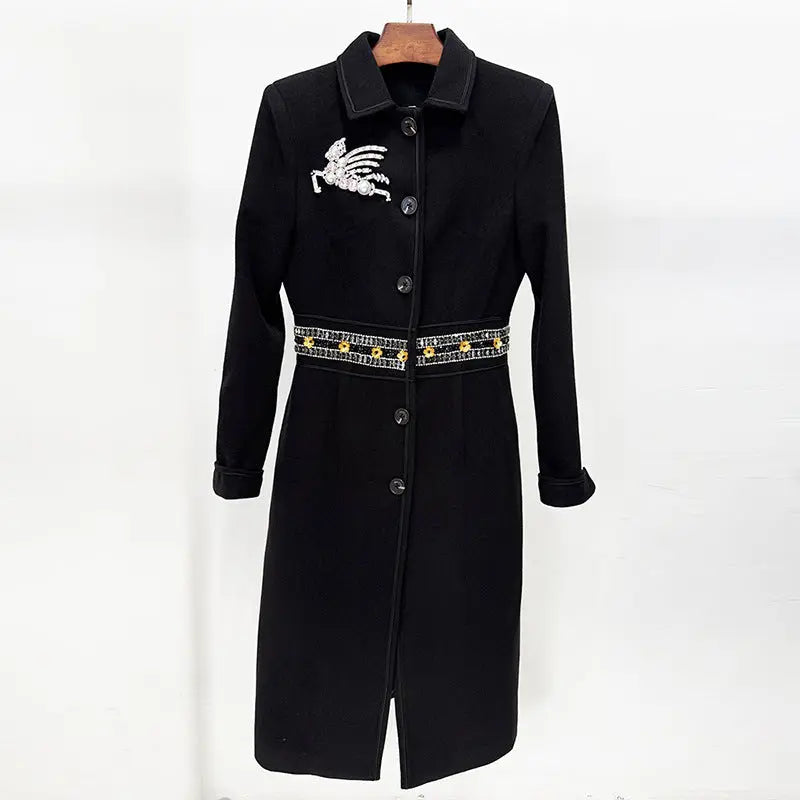 Autumn Winter Star Heavy Industry Beads Diamond Badge Woolen Coat Woolen Coat Perfecsy