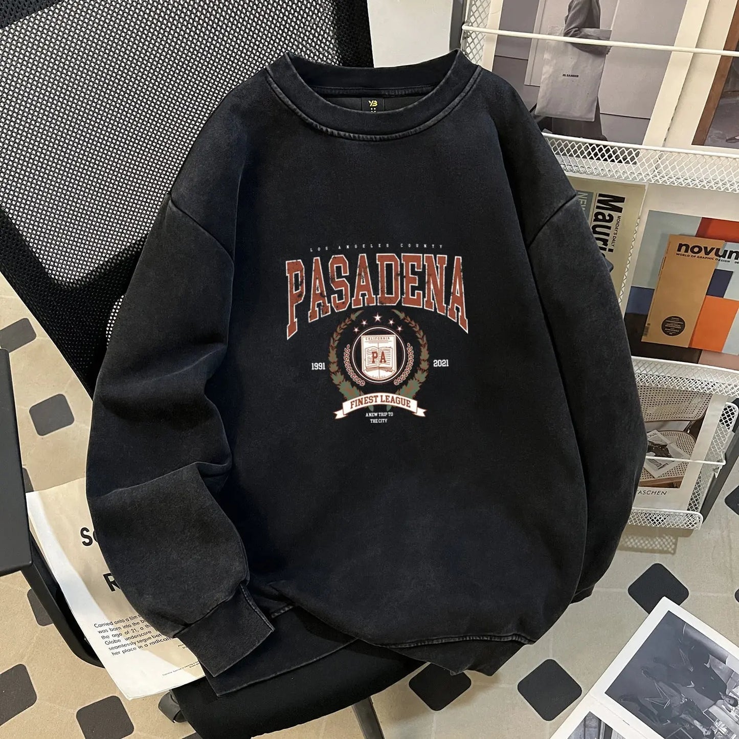 Autumn Winter Washable Cotton Cotton Cotton Composite Long Sleeved T shirt Special Interest Design Distressed Waxed round Neck Sweater Perfecsy