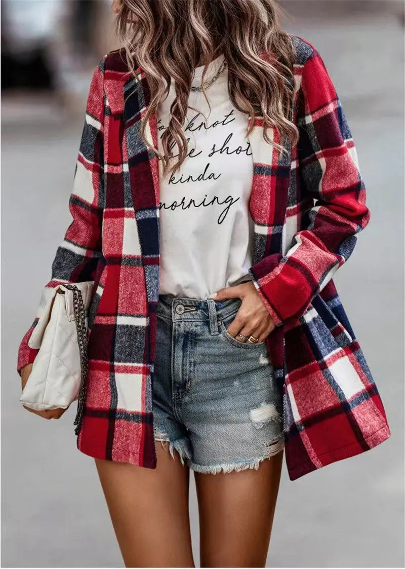 Autumn Winter Women Clothing Loose Printed Checks Long Sleeve Pocket Woolen Coat Top Outerwear Perfecsy