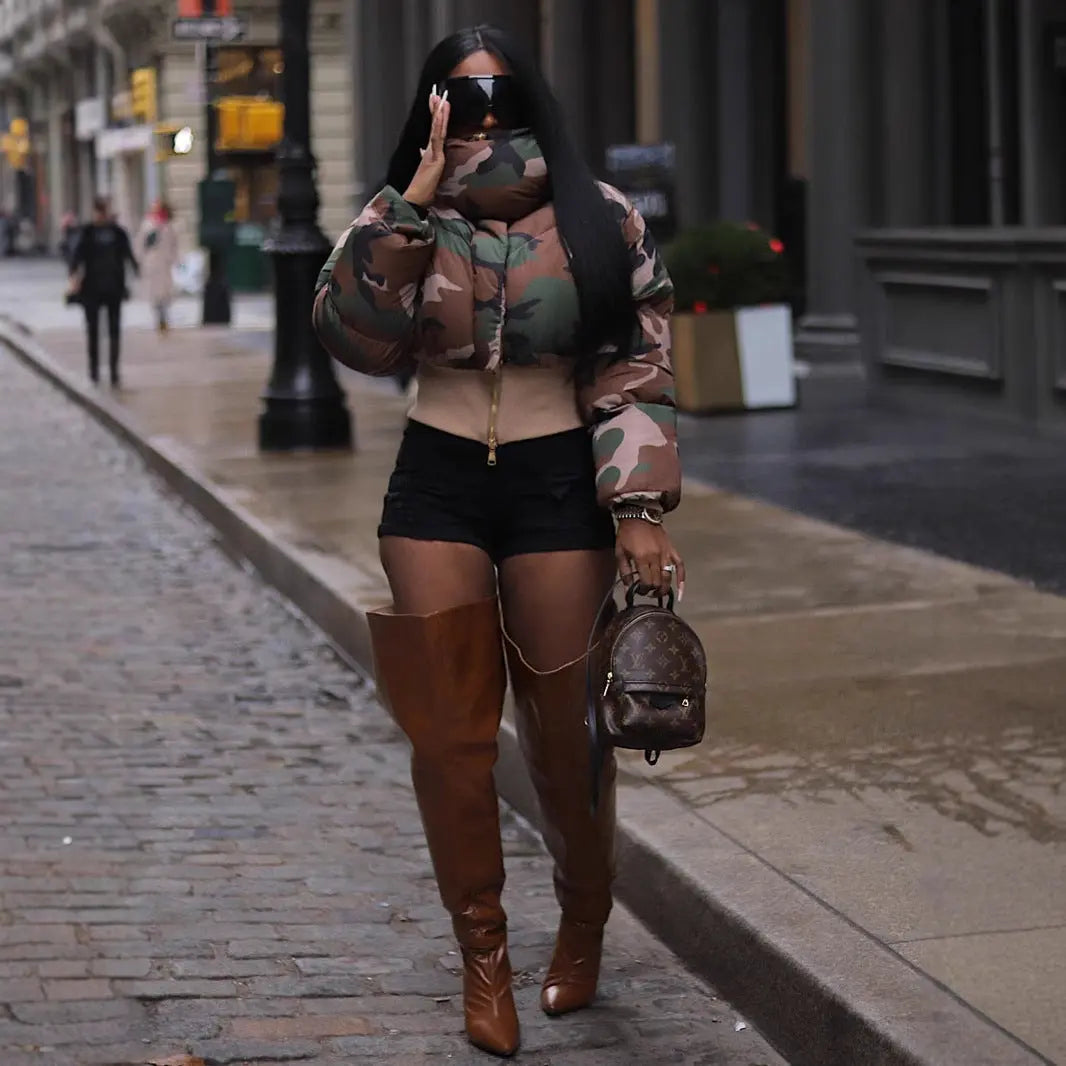 Autumn Winter Women Clothing Retro Camouflage Print Short Jacket Cotton Coat Perfecsy