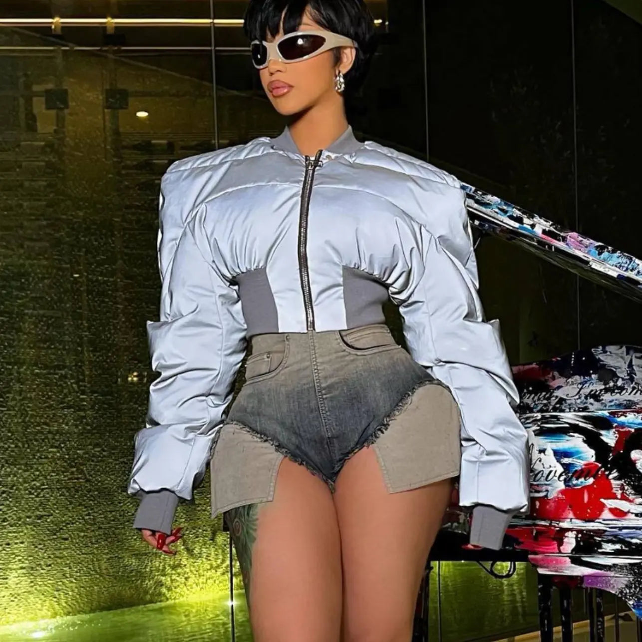 Autumn Winter Women Clothing Round Neck Long Sleeve Zipper Waist Warm Casual Reflective Cotton Padded Coat Perfecsy