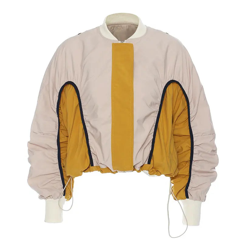 Autumn Winter Women Clothing Special Interest Design Street All Match Contrast Color Drawstring Loose Casual Jacket Perfecsy