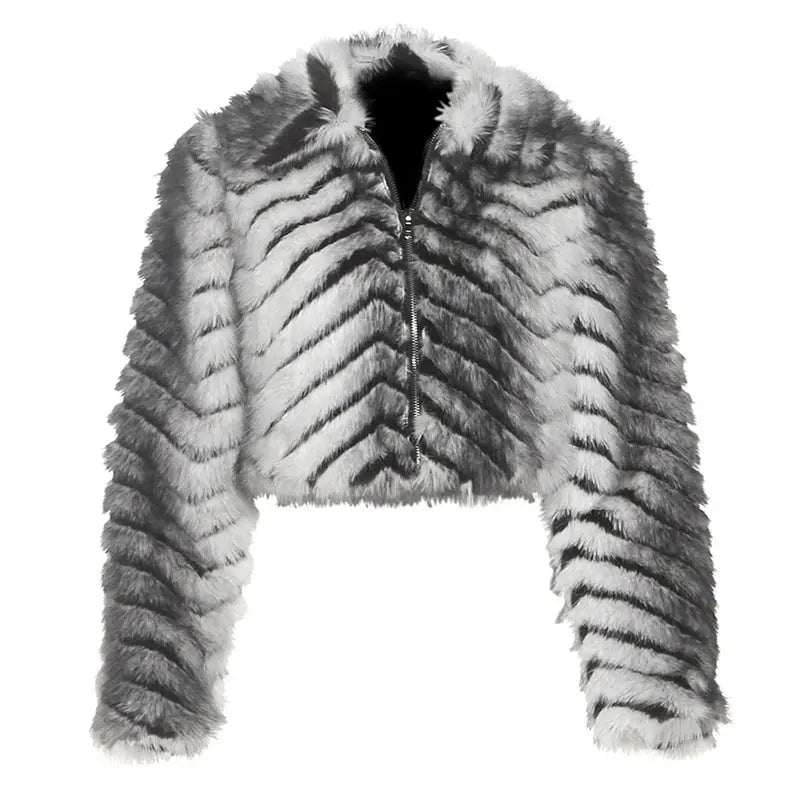 Autumn Winter Women Clothing Striped Collared Zipper Fur Coat Fur Short Coat Perfecsy