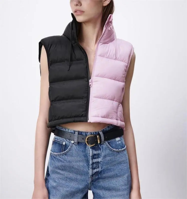 Autumn Winter Women Clothing Two Color Contrast Color Cotton Padded Jacket Vest Stand Collar Short Vest Top Perfecsy
