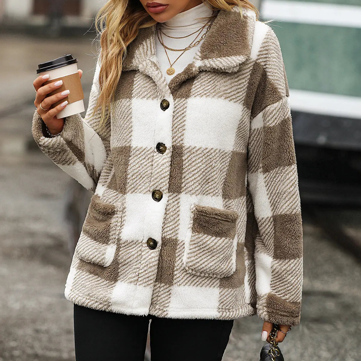 Autumn Winter Women Collared Long Sleeve Mid Length Plaid Single Breasted Plush Casual Jacket Perfecsy