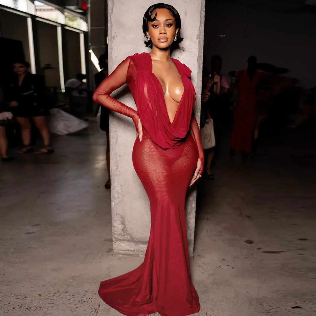 Autumn Winter Women Sexy Mesh See through Deep V Plunge neck Solid Color Slim Fit Long Sleeves Dress Women Perfecsy