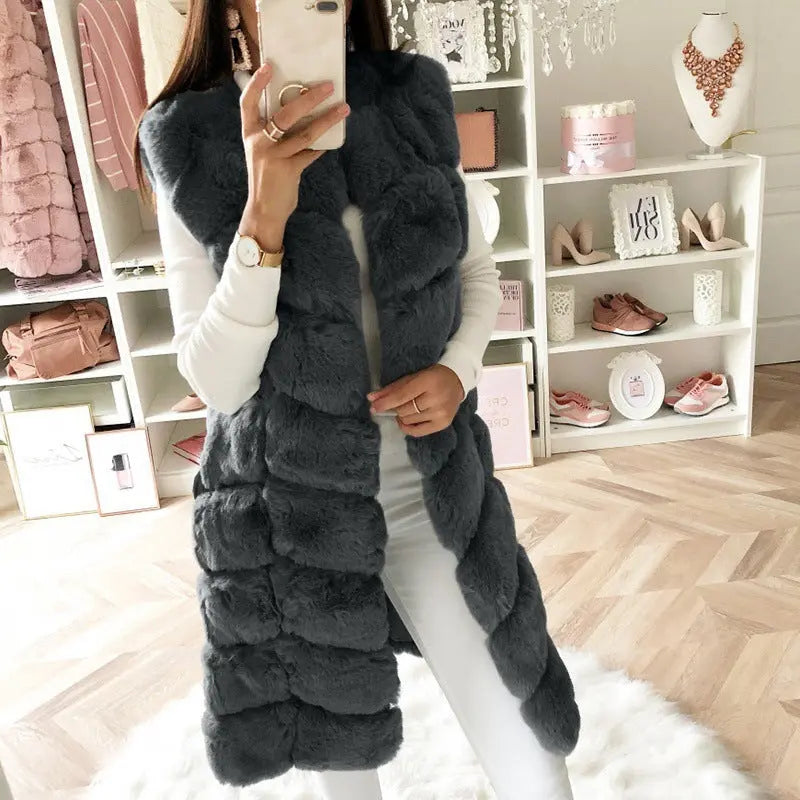Autumn WinterNew Faux Fur Long Vest Cotton-Padded Coat Thickened Long Section Plush Vest Perfecsy