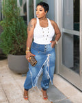 Ripped Ribbed Tie-Waist Slim Fit Jeans