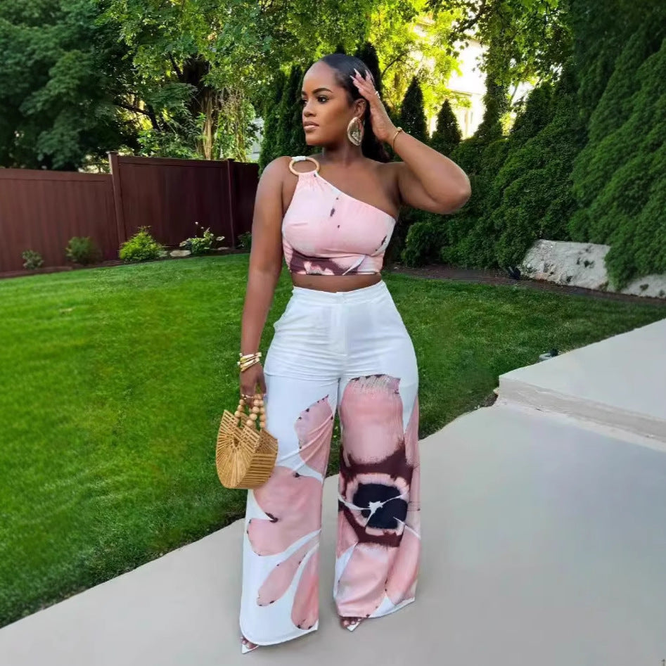 Floral One-Shoulder Wide-Leg Two-Piece Set