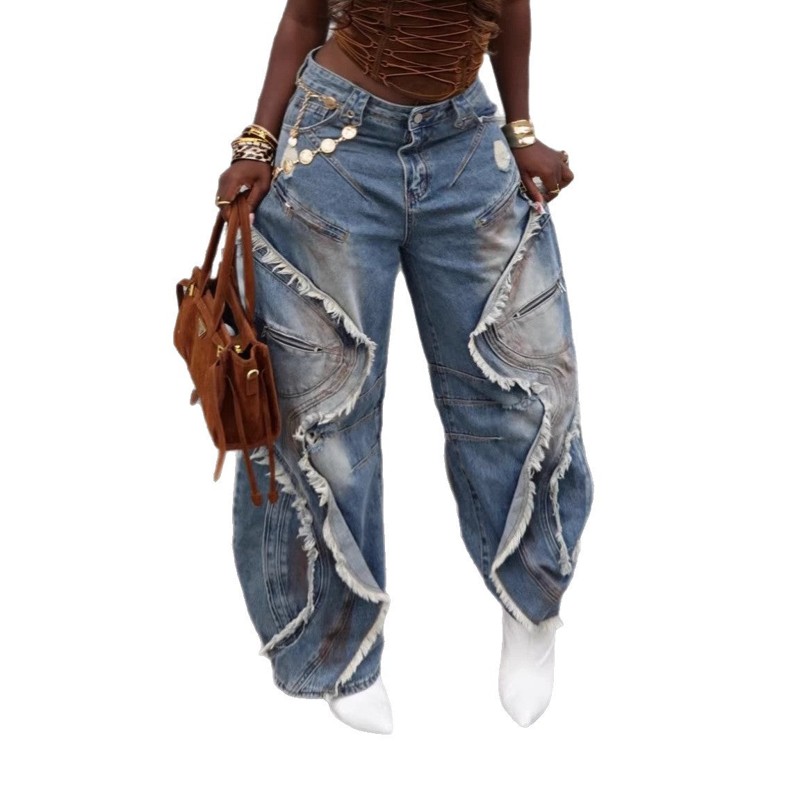 Wave Frayed Ripped Edge Denim Jeans