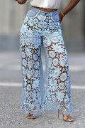 Hollow Lace Spliced High-Waist Jeans