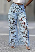 Hollow Lace Spliced High-Waist Jeans