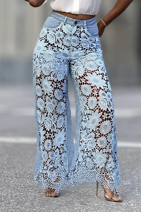 Hollow Lace Spliced High-Waist Jeans