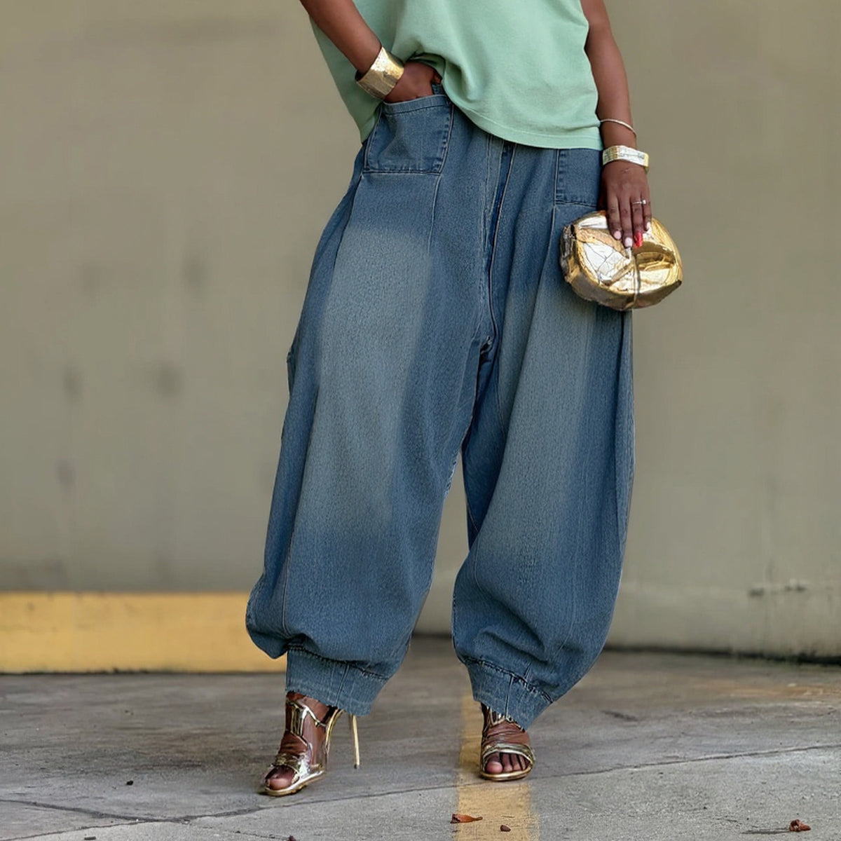 Casual elastic waist wide-leg lantern denim pants from Plush Fashion Hub, showing the relaxed fit and stylish denim fabric.