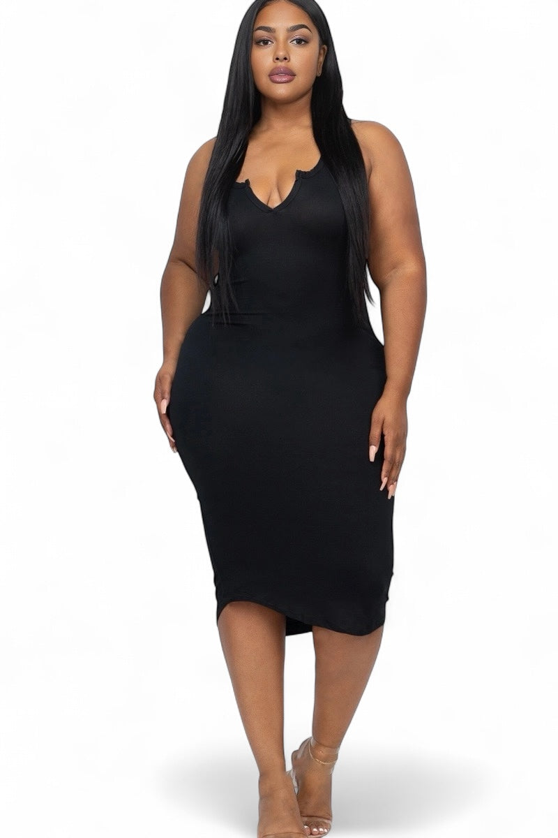 Black plush fashion hub split neck tank dress with a flattering curvy fit, showcased on a model in a stylish, casual setting.
