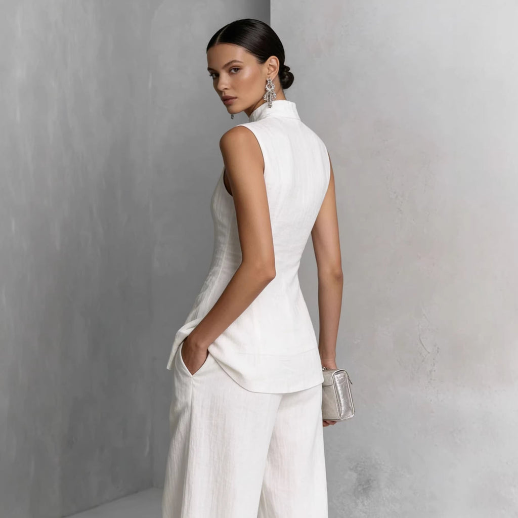 Women's casual sleeveless top and long pants two-piece set by FitiqueFit in four solid colors, available in XS to XXL.