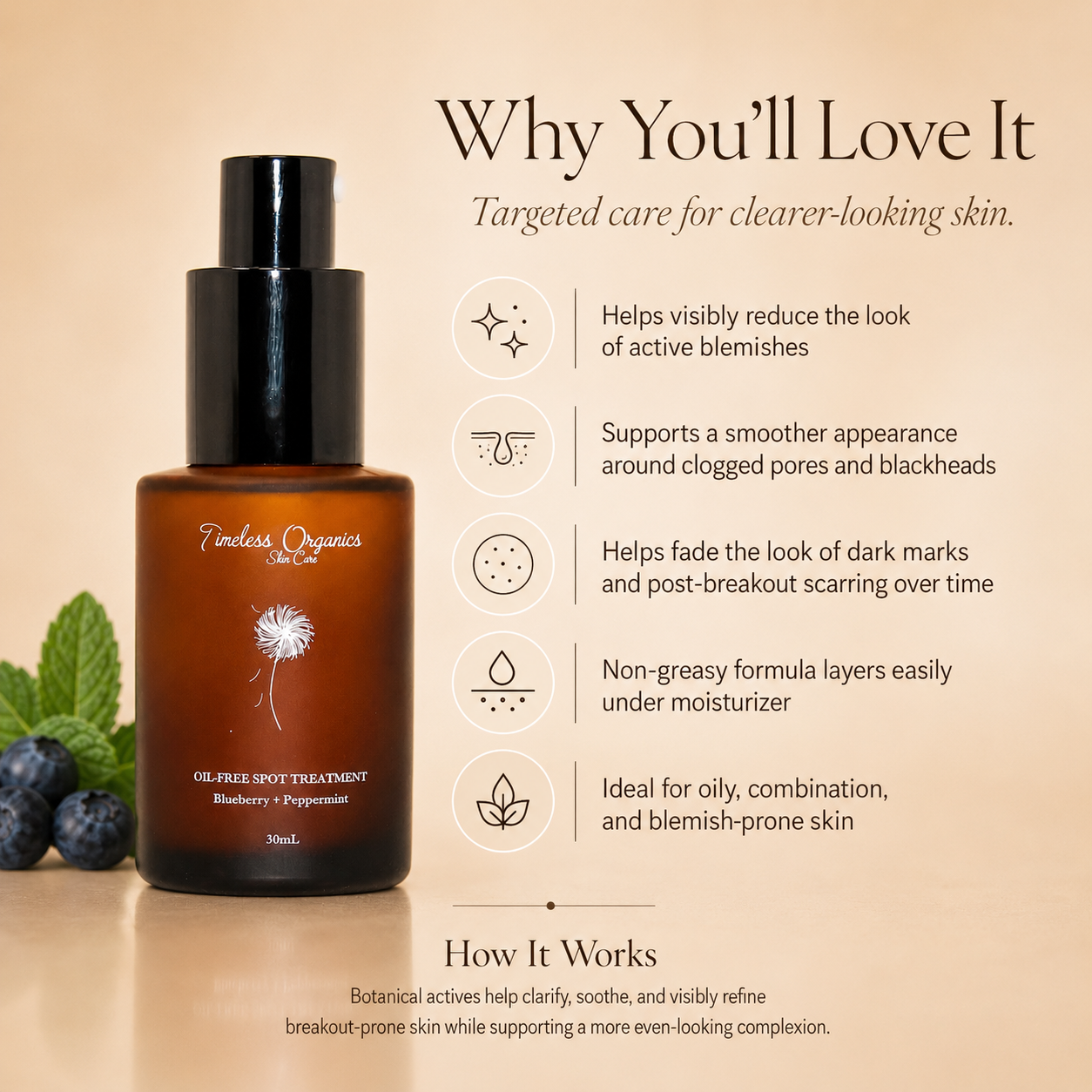 Timeless Organics Skin Care oil-free spot treatment serum in a clear bottle with a pump dispenser.
