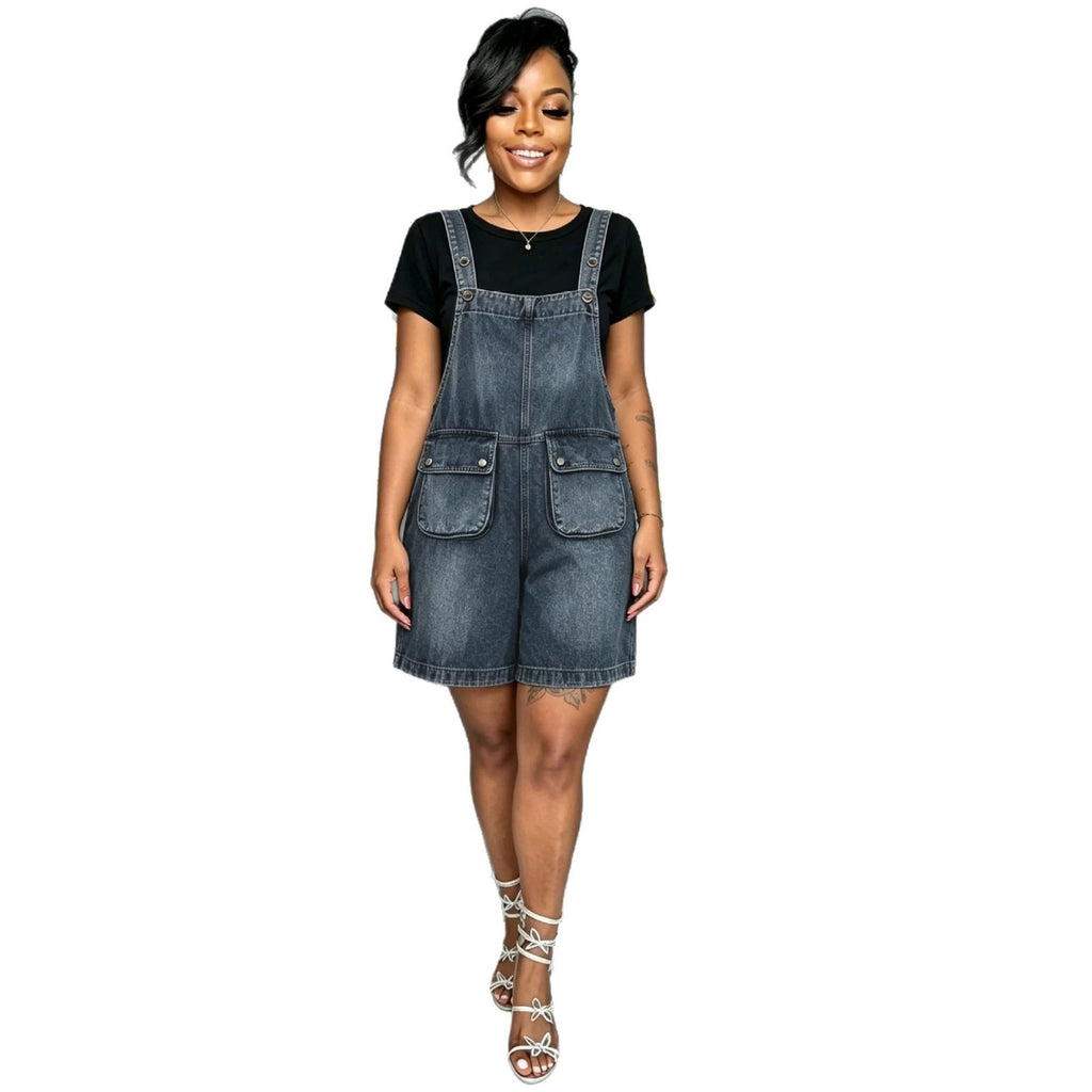 Eprolo washed denim pocket overall shorts, stylish casual bottoms with front and back pockets, perfect for warm weather.