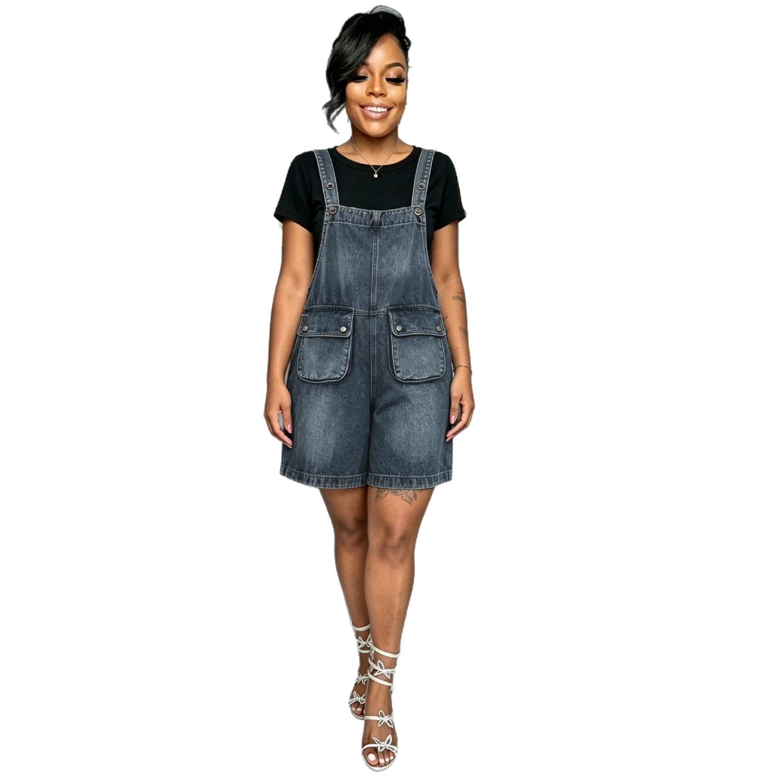 Eprolo washed denim pocket overall shorts, stylish casual bottoms with front and back pockets, perfect for warm weather.