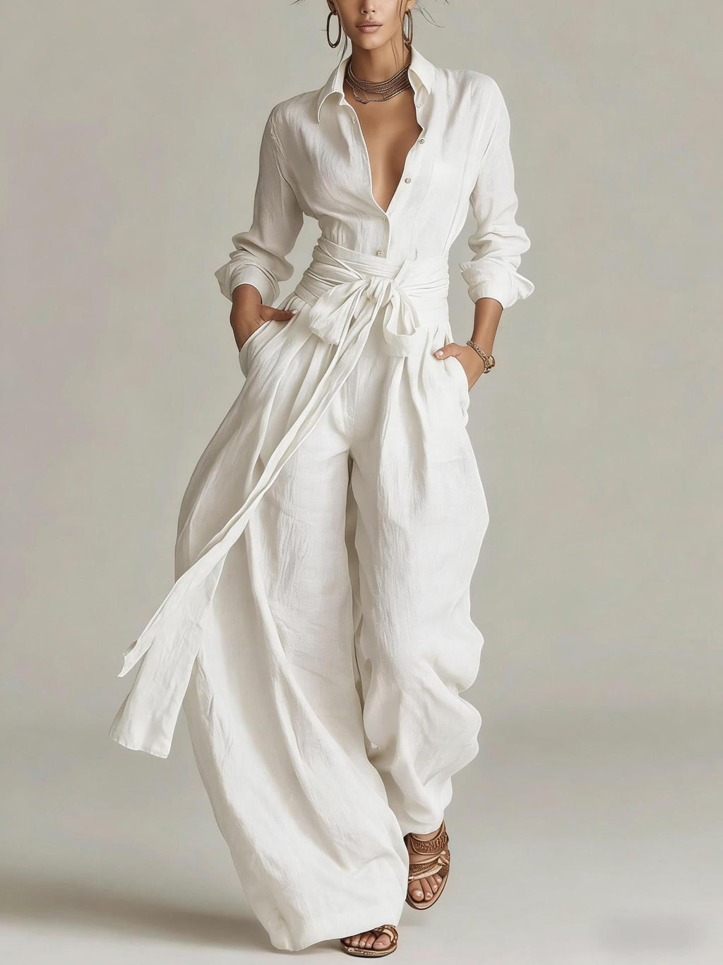 Women's casual two-piece set with collar long sleeve top and high-waist pants by FitiqueFit, available in five colors.