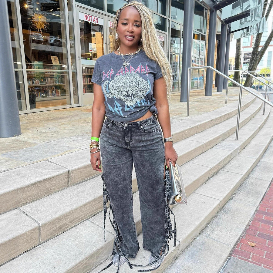Western-style Women's Jeans, Washed with Slit and Tie String Detail, High Waist Long Pants