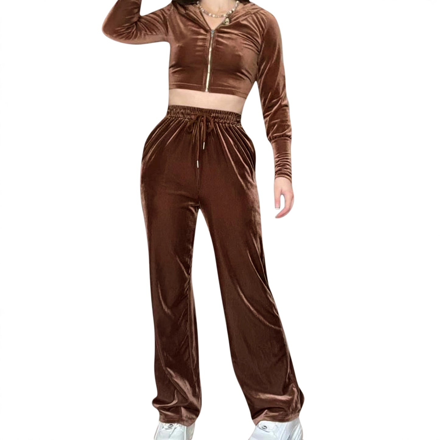 Cozy Plush Fashion Hub zip-front hooded lounge top with drawstring pockets, soft and comfortable for casual wear.
